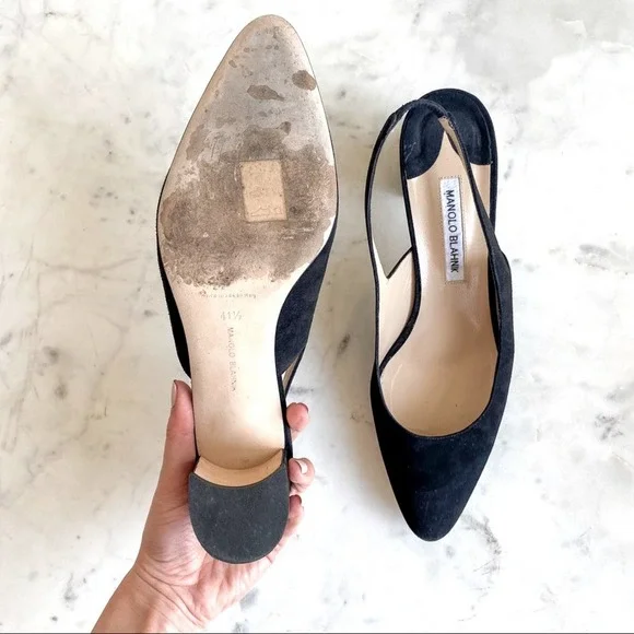 Manolo Blahnik Allurasa Suede Slingback Heel in Black Size 11.5 - Picture 8 of 11